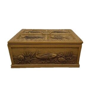 Vintage Fish Fisherman Jewelry Trinket Box 3D Resin Carved Wood Look Heavy